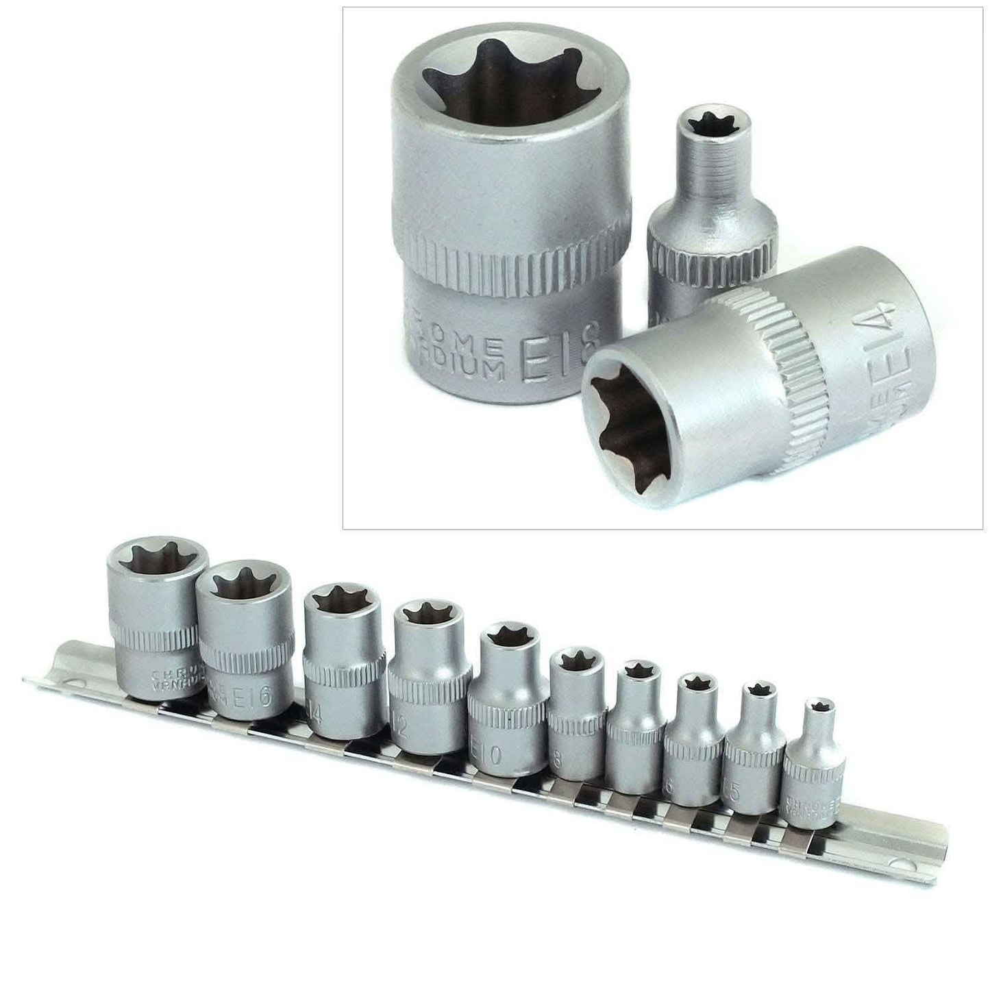 1/4 3/8 Torx Sockets Set Female + Rail E4-E18 CRV Steel Tx Star