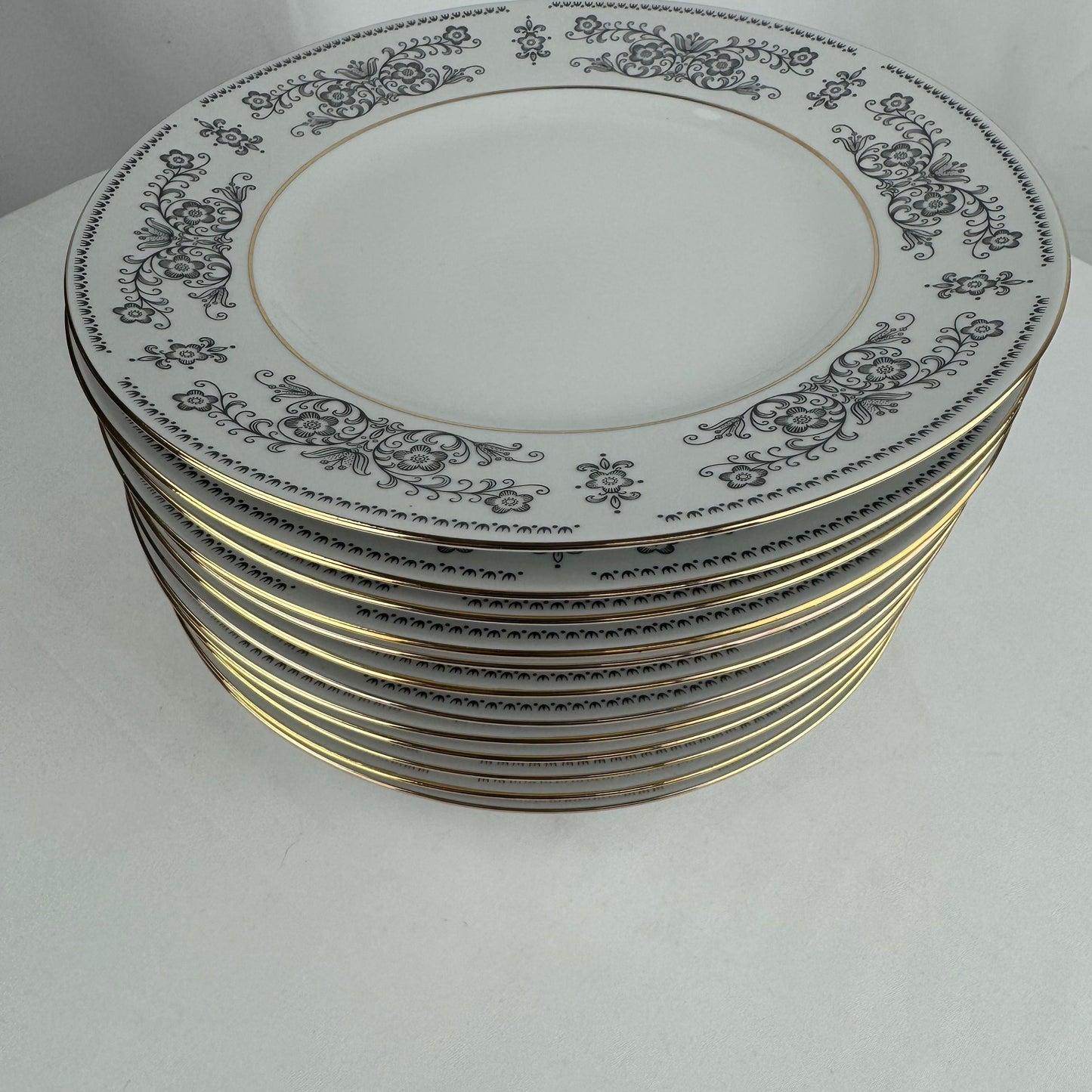 Vintage Henneberg Porzellan 1777 White Black Floral Dinner Plates Set of 6